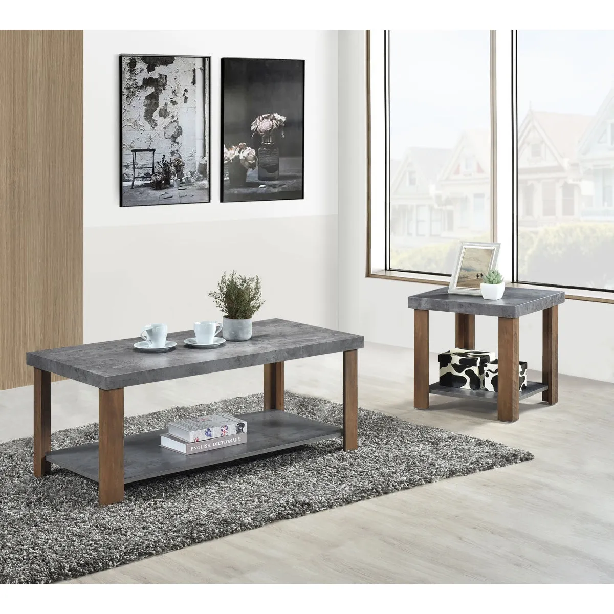 Modern Two-Tone Coffee Table with Faux Stone & Wood Finish