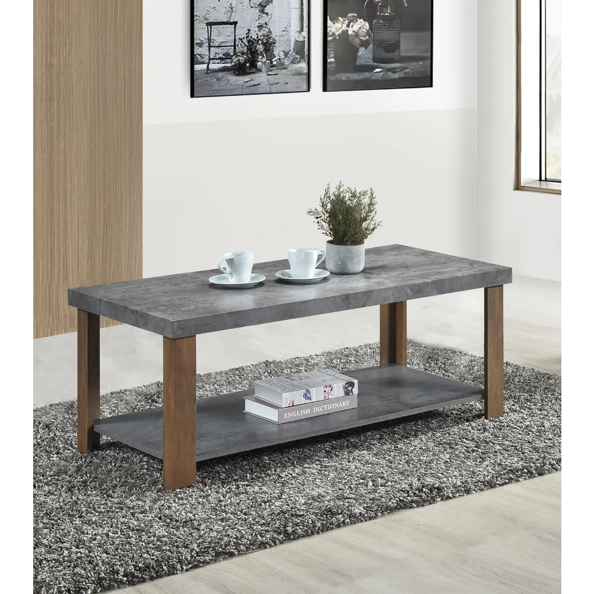 Modern Two-Tone Coffee Table with Faux Stone & Wood Finish