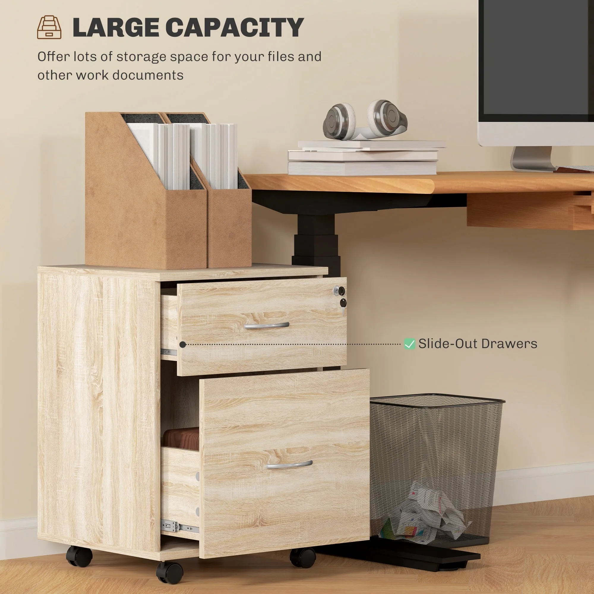 Pedestal Office Mobile Filing Cabinet 2 Drawer Wooden Storage Oak