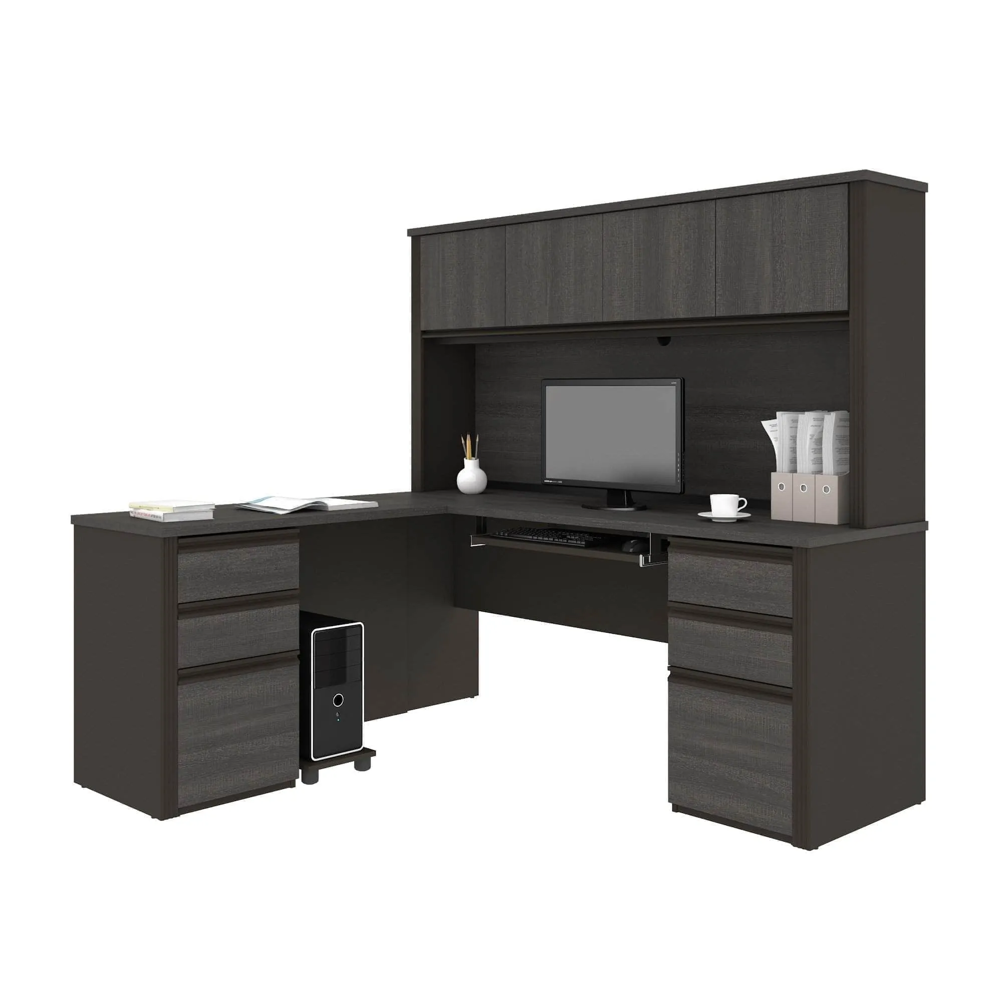 Prestige  Modern L-Shaped Office Desk with Two Pedestals and Hutch - Available in 2 Colours