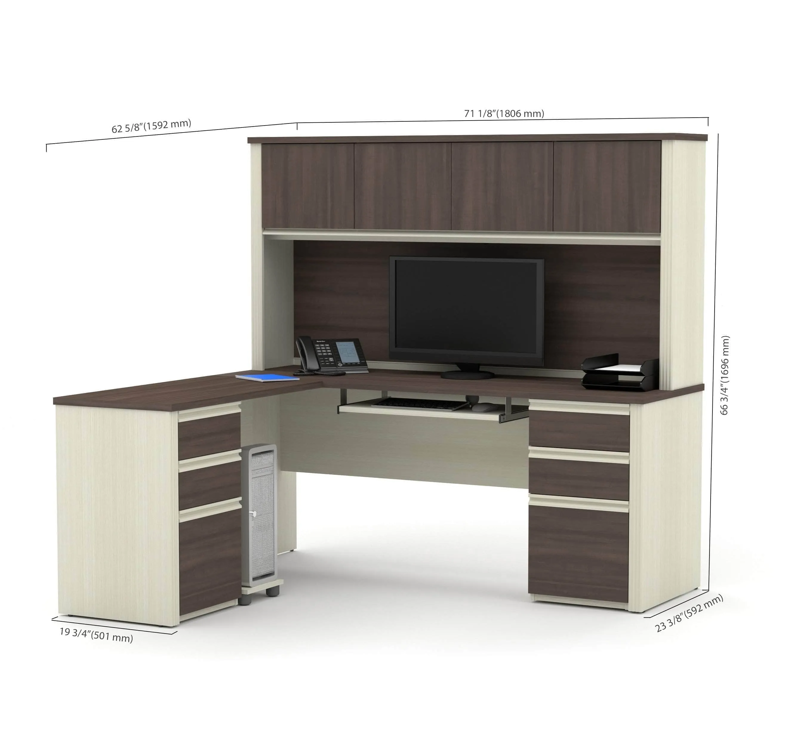 Prestige  Modern L-Shaped Office Desk with Two Pedestals and Hutch - Available in 2 Colours