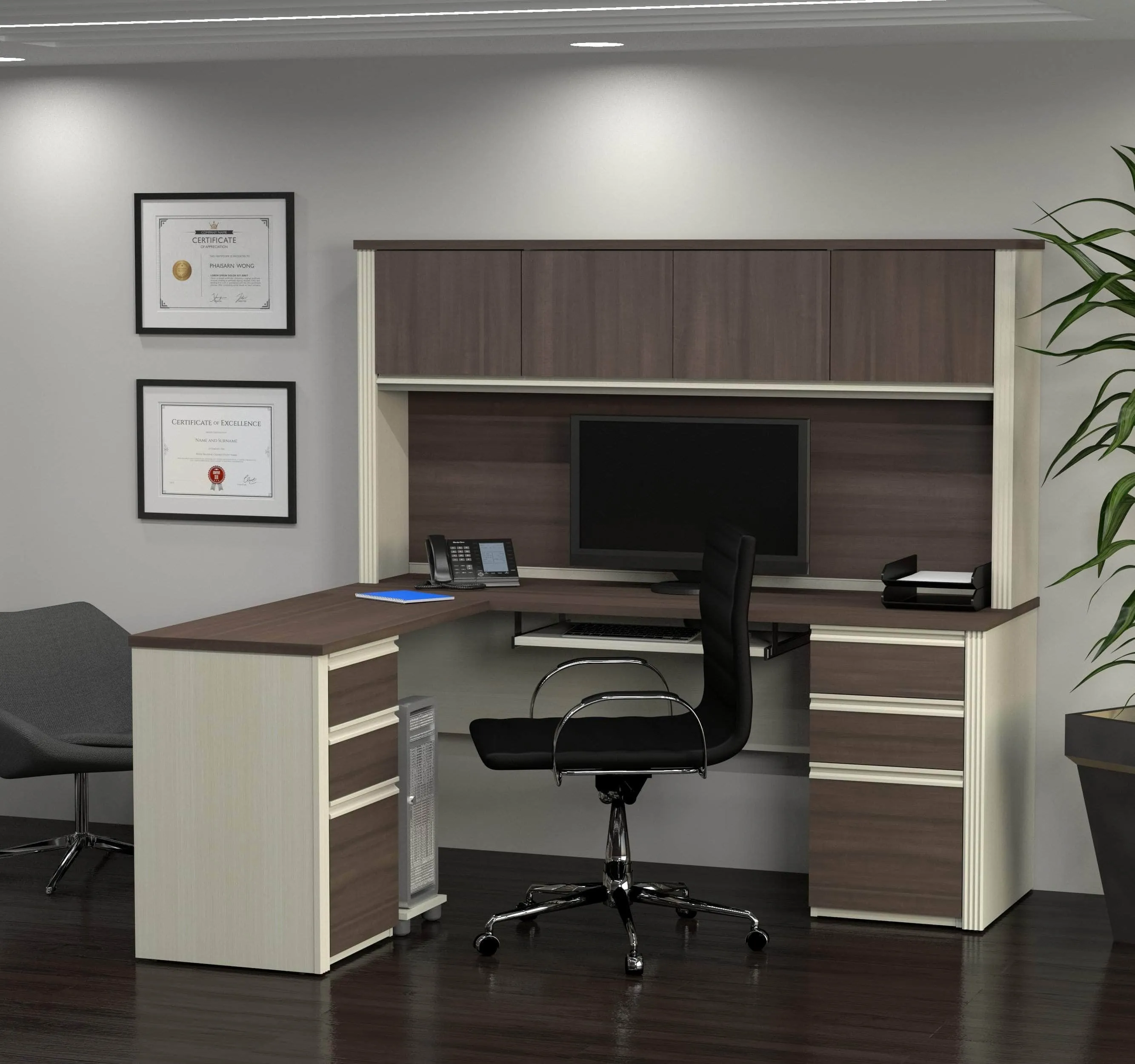 Prestige  Modern L-Shaped Office Desk with Two Pedestals and Hutch - Available in 2 Colours