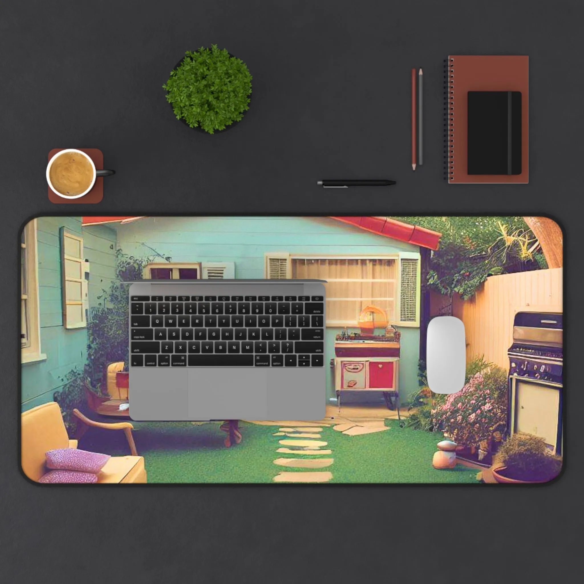 Retro Backyard Scene Desk Mat