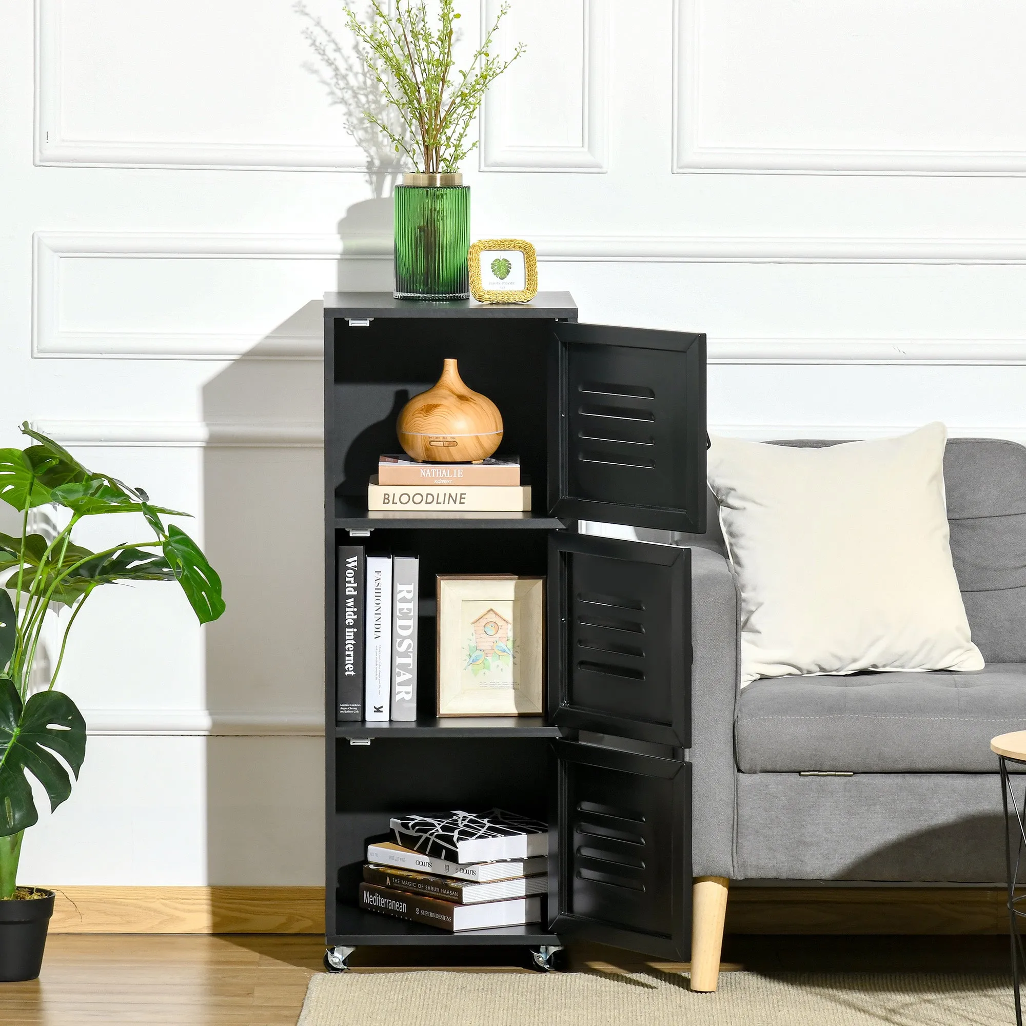 Rolling Storage Cabinet 3-Tier Mobile File Cabinet with Wheels & Metal Doors for Home Office, Living Room, Black