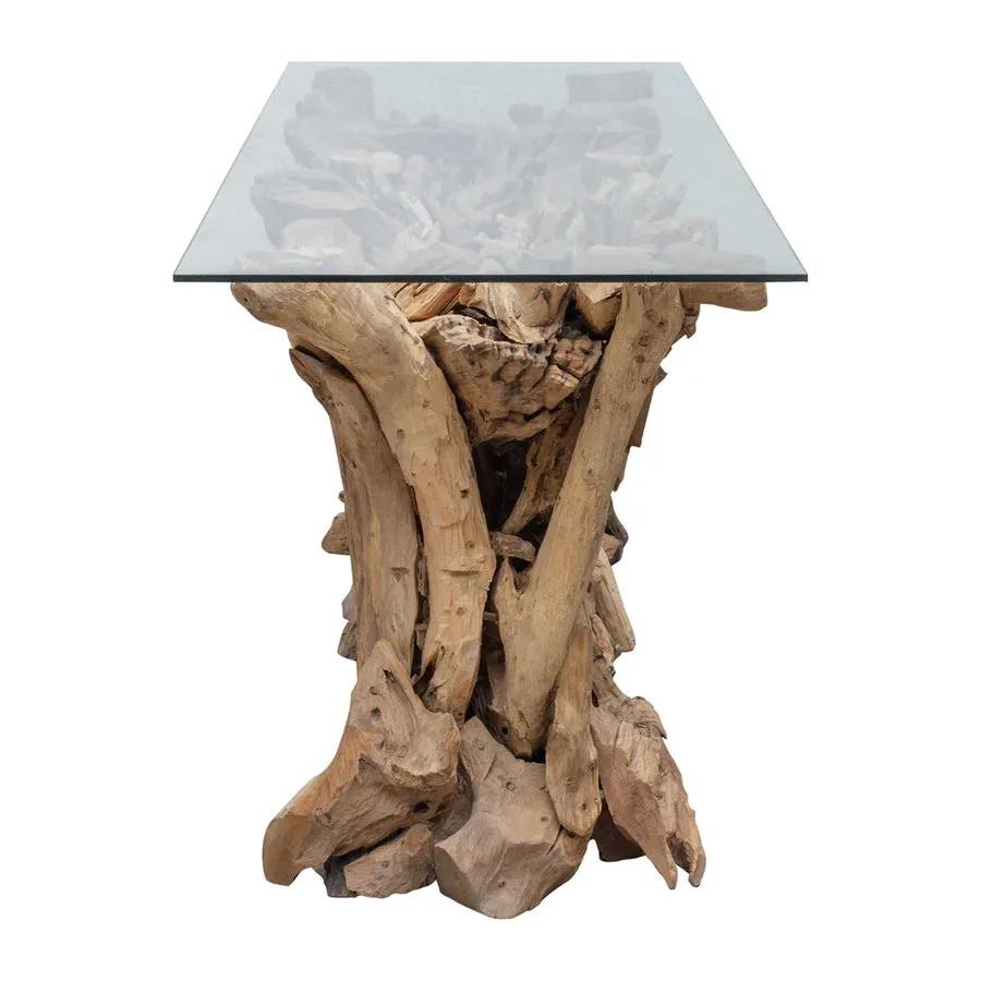 Teak Root Console Table 67 x 26" With Thick Glass Top