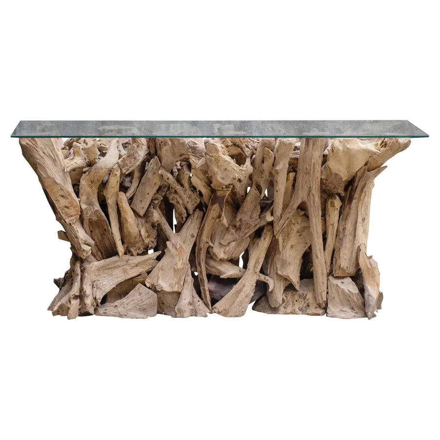 Teak Root Console Table 67 x 26" With Thick Glass Top