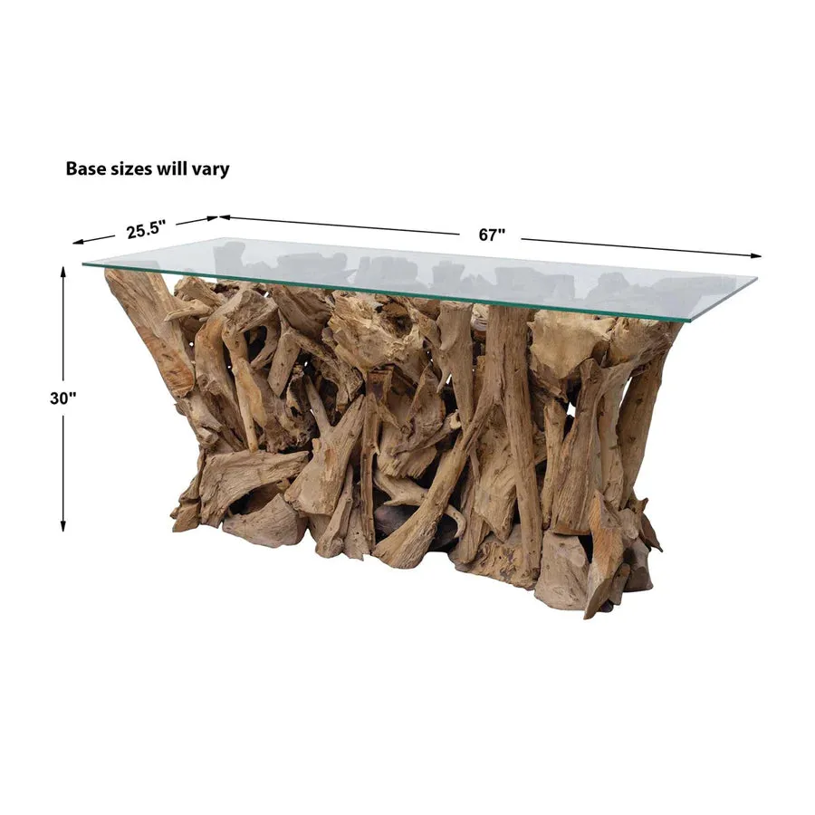 Teak Root Console Table 67 x 26" With Thick Glass Top