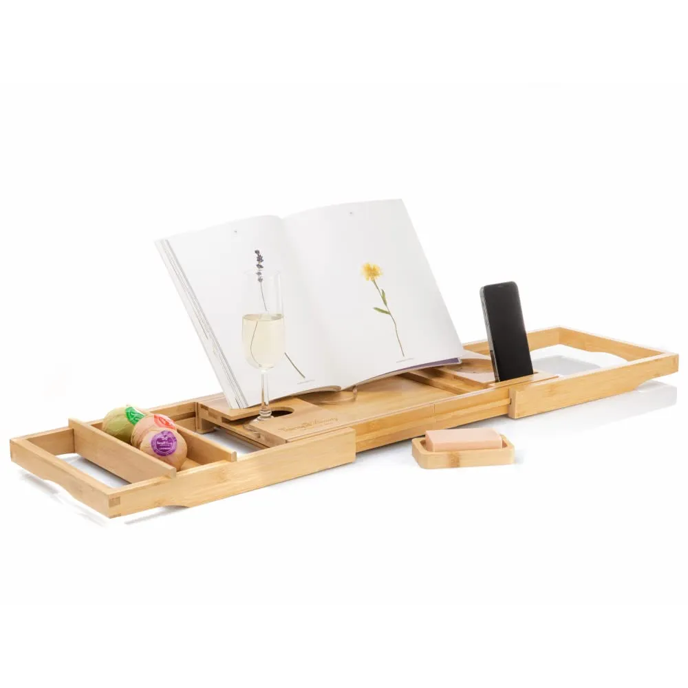 Tranquil Beauty Bath White Caddy  Natural Sustainable Bamboo Bath Tray Bath