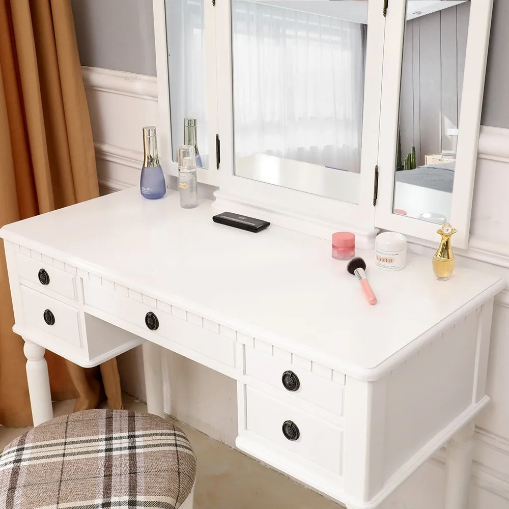 Vanity Table Set Tri-Folding Makeup Mirror Dressing Desk with 5 Drawers