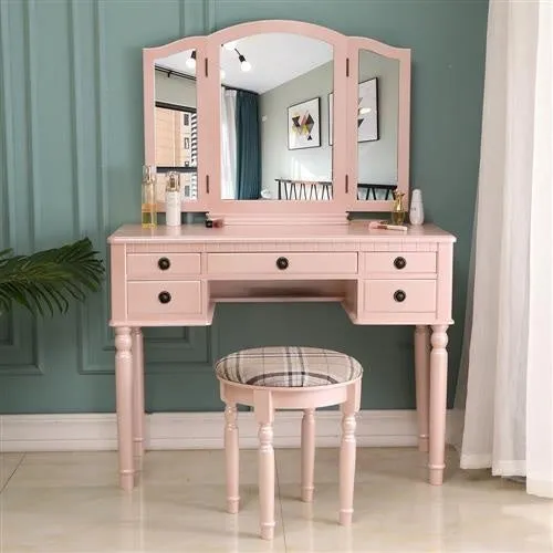 Vanity Table Set Tri-Folding Makeup Mirror Dressing Desk with 5 Drawers