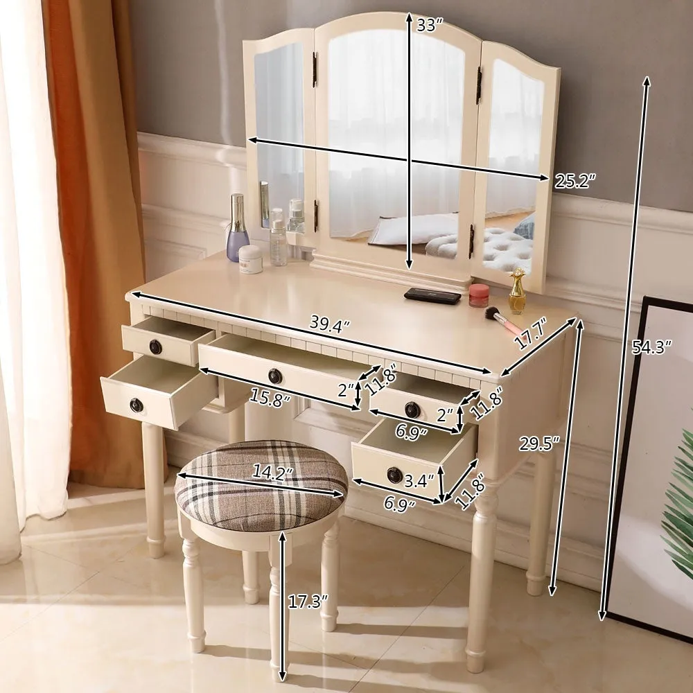 Vanity Table Set Tri-Folding Makeup Mirror Dressing Desk with 5 Drawers