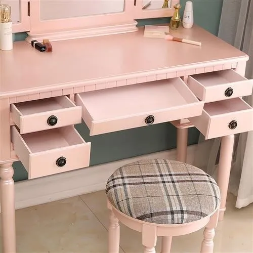 Vanity Table Set Tri-Folding Makeup Mirror Dressing Desk with 5 Drawers