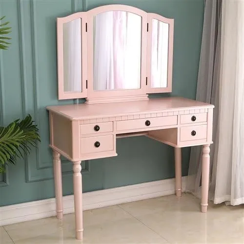 Vanity Table Set Tri-Folding Makeup Mirror Dressing Desk with 5 Drawers