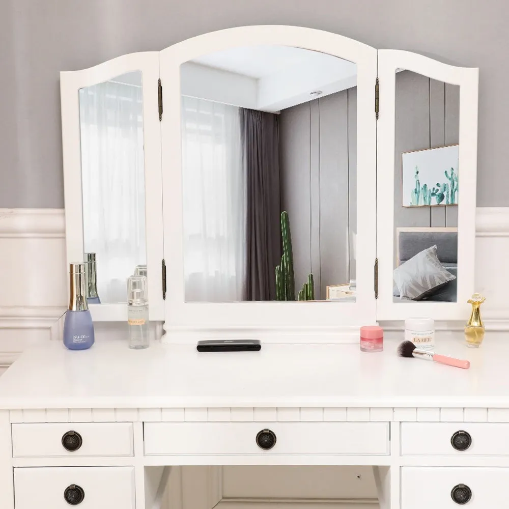 Vanity Table Set Tri-Folding Makeup Mirror Dressing Desk with 5 Drawers