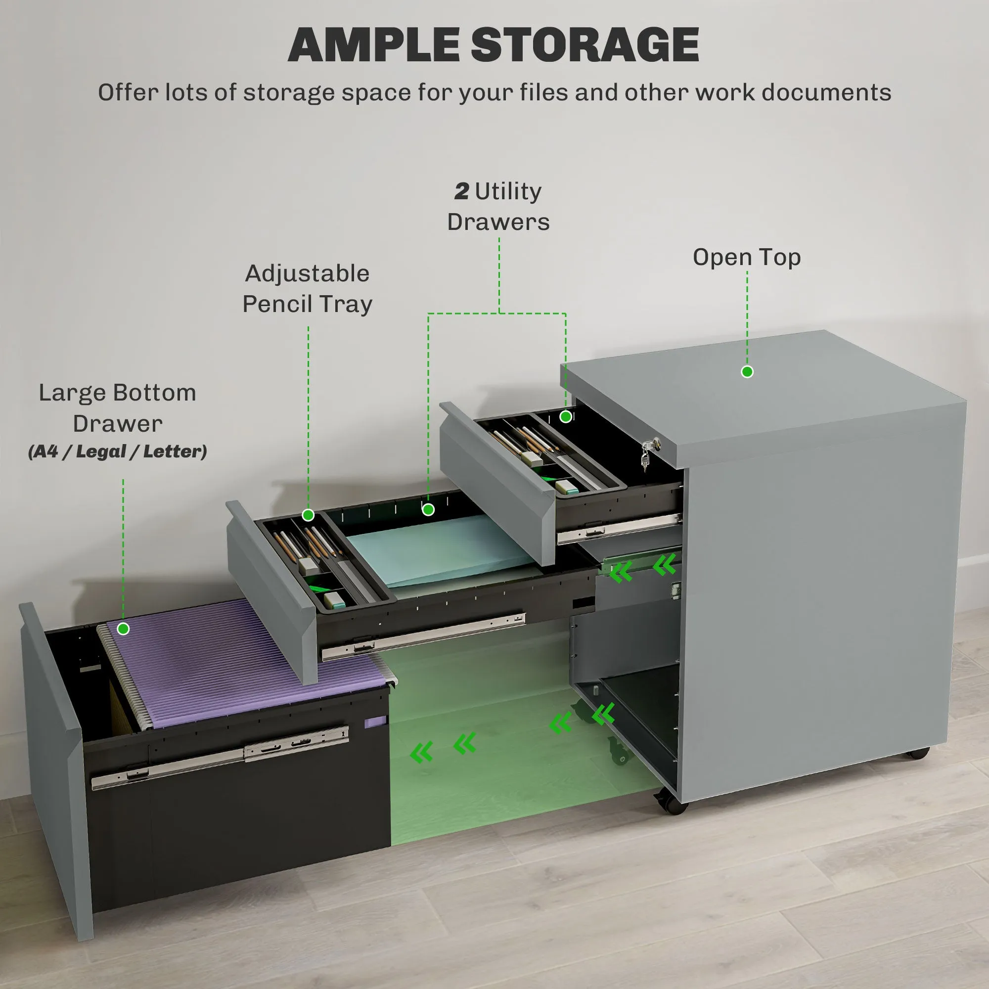 Vinsetto 3 Drawer File Cabinet, Lockable Metal Filling Cabinet, Grey