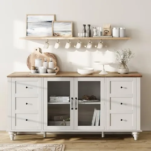 WAMPAT Sideboard Buffet Cabinets with Glass Door, Kitchen Storage Cabinets, Wood Coffee Bar Tables, Accent Sideboard Storage Cabinet Table Dining Room, Living Room,White