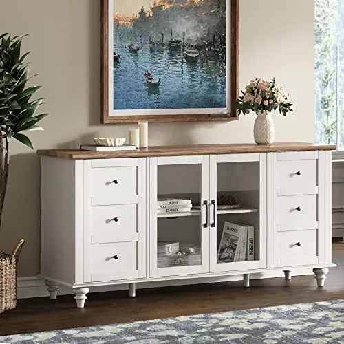 WAMPAT Sideboard Buffet Cabinets with Glass Door, Kitchen Storage Cabinets, Wood Coffee Bar Tables, Accent Sideboard Storage Cabinet Table Dining Room, Living Room,White